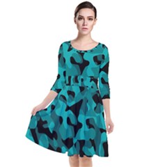 Black And Teal Camouflage Pattern Quarter Sleeve Waist Band Dress by SpinnyChairDesigns