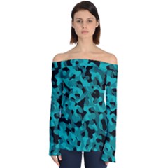 Black And Teal Camouflage Pattern Off Shoulder Long Sleeve Top by SpinnyChairDesigns