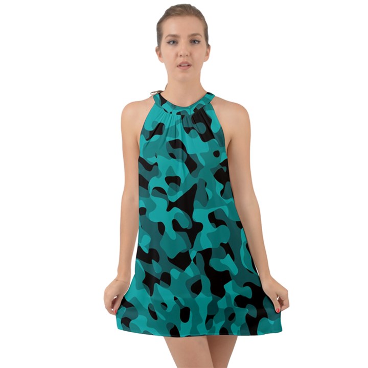 Black and Teal Camouflage Pattern Halter Tie Back Chiffon Dress