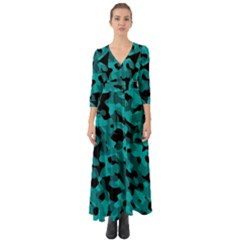 Black And Teal Camouflage Pattern Button Up Boho Maxi Dress by SpinnyChairDesigns