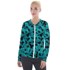 Black And Teal Camouflage Pattern Velour Zip Up Jacket by SpinnyChairDesigns