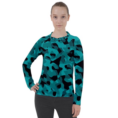 Black And Teal Camouflage Pattern Women s Pique Long Sleeve Tee by SpinnyChairDesigns