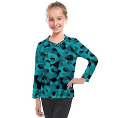 Black And Teal Camouflage Pattern Kids  Long Mesh Tee