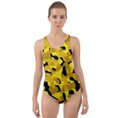 Black and Yellow Camouflage Pattern Cut-Out Back One Piece Swimsuit