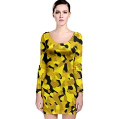 Black and Yellow Camouflage Pattern Long Sleeve Velvet Bodycon Dress