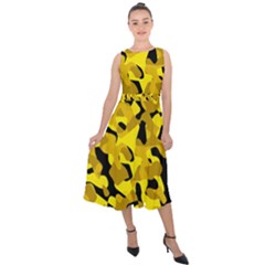 Black and Yellow Camouflage Pattern Midi Tie-Back Chiffon Dress