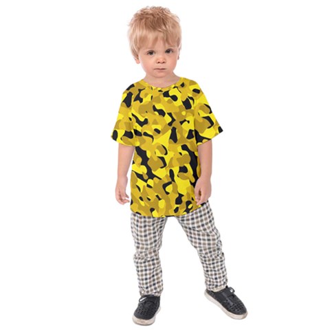 Black And Yellow Camouflage Pattern Kids  Raglan Tee by SpinnyChairDesigns