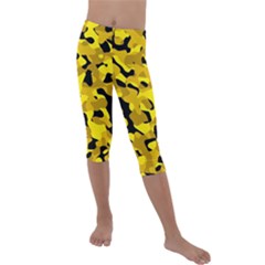 Black And Yellow Camouflage Pattern Kids  Lightweight Velour Capri Leggings  by SpinnyChairDesigns