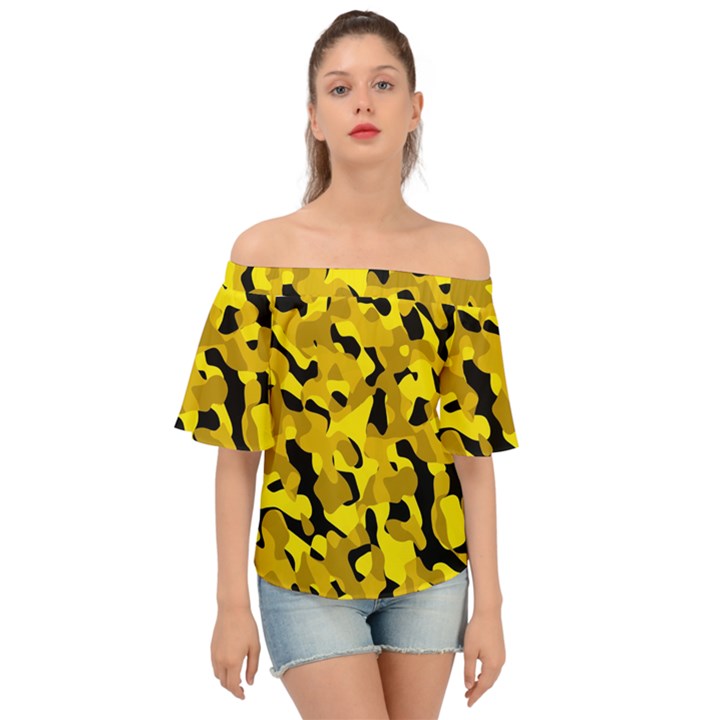 Black and Yellow Camouflage Pattern Off Shoulder Short Sleeve Top