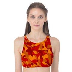 Red And Orange Camouflage Pattern Tank Bikini Top by SpinnyChairDesigns