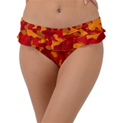 Red And Orange Camouflage Pattern Frill Bikini Bottom by SpinnyChairDesigns