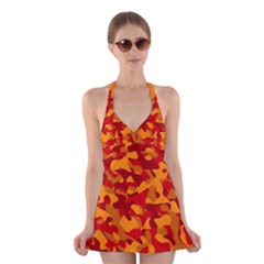 Red And Orange Camouflage Pattern Halter Dress Swimsuit  by SpinnyChairDesigns