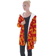 Red And Orange Camouflage Pattern Longline Hooded Cardigan by SpinnyChairDesigns