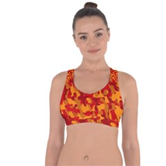 Red And Orange Camouflage Pattern Cross String Back Sports Bra by SpinnyChairDesigns