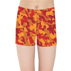 Red And Orange Camouflage Pattern Kids  Sports Shorts by SpinnyChairDesigns