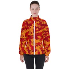 Red And Orange Camouflage Pattern Women s High Neck Windbreaker by SpinnyChairDesigns