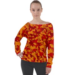 Red And Orange Camouflage Pattern Off Shoulder Long Sleeve Velour Top by SpinnyChairDesigns