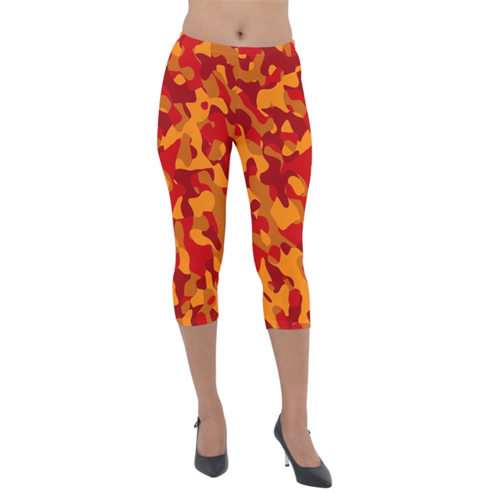 Red and Orange Camouflage Pattern Lightweight Velour Capri Leggings 