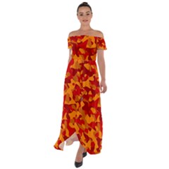 Red And Orange Camouflage Pattern Off Shoulder Open Front Chiffon Dress by SpinnyChairDesigns