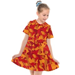 Red And Orange Camouflage Pattern Kids  Short Sleeve Shirt Dress by SpinnyChairDesigns