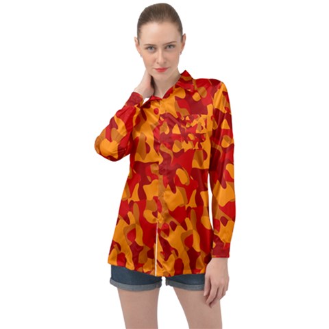 Red And Orange Camouflage Pattern Long Sleeve Satin Shirt by SpinnyChairDesigns