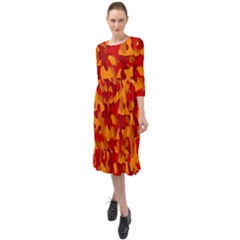 Red And Orange Camouflage Pattern Ruffle End Midi Chiffon Dress by SpinnyChairDesigns