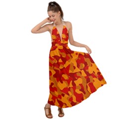 Red And Orange Camouflage Pattern Backless Maxi Beach Dress by SpinnyChairDesigns