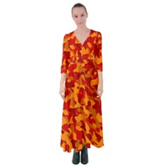 Red And Orange Camouflage Pattern Button Up Maxi Dress by SpinnyChairDesigns