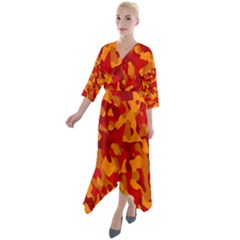 Red And Orange Camouflage Pattern Quarter Sleeve Wrap Front Maxi Dress by SpinnyChairDesigns