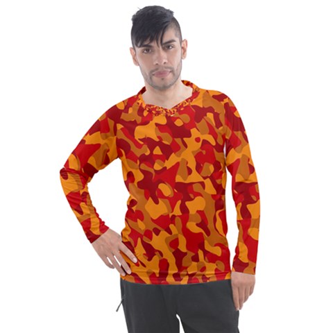 Red And Orange Camouflage Pattern Men s Pique Long Sleeve Tee by SpinnyChairDesigns