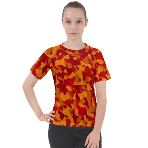 Red And Orange Camouflage Pattern Women s Sport Raglan Tee by SpinnyChairDesigns