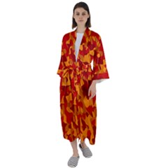 Red And Orange Camouflage Pattern Maxi Satin Kimono by SpinnyChairDesigns