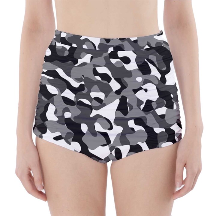 Black and White Camouflage Pattern High-Waisted Bikini Bottoms