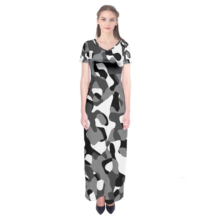 Black and White Camouflage Pattern Short Sleeve Maxi Dress