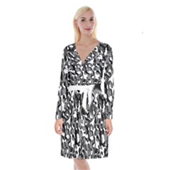 Black And White Camouflage Pattern Long Sleeve Velvet Front Wrap Dress by SpinnyChairDesigns