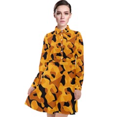 Orange And Black Camouflage Pattern Long Sleeve Chiffon Shirt Dress by SpinnyChairDesigns