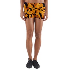 Orange And Black Camouflage Pattern Yoga Shorts by SpinnyChairDesigns