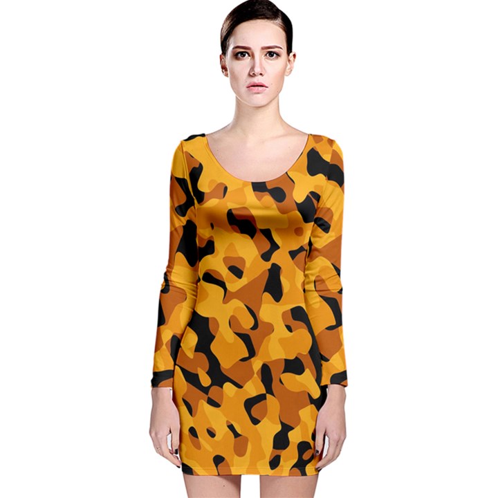 Orange and Black Camouflage Pattern Long Sleeve Velvet Bodycon Dress