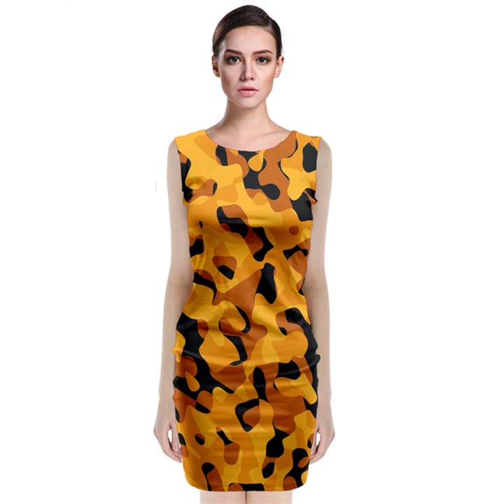 Orange and Black Camouflage Pattern Classic Sleeveless Midi Dress