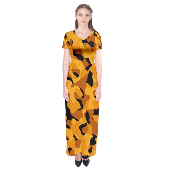 Orange and Black Camouflage Pattern Short Sleeve Maxi Dress