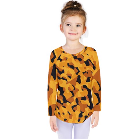 Orange And Black Camouflage Pattern Kids  Long Sleeve Tee by SpinnyChairDesigns