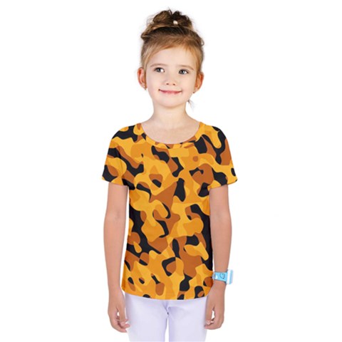 Orange And Black Camouflage Pattern Kids  One Piece Tee by SpinnyChairDesigns