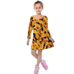 Orange And Black Camouflage Pattern Kids  Long Sleeve Velvet Dress by SpinnyChairDesigns