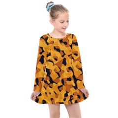 Orange And Black Camouflage Pattern Kids  Long Sleeve Dress by SpinnyChairDesigns