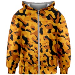 Orange And Black Camouflage Pattern Kids  Zipper Hoodie Without Drawstring by SpinnyChairDesigns