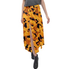 Orange And Black Camouflage Pattern Velour Split Maxi Skirt by SpinnyChairDesigns