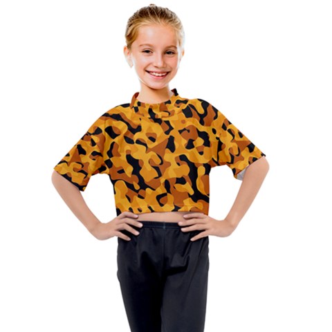 Orange And Black Camouflage Pattern Kids Mock Neck Tee by SpinnyChairDesigns