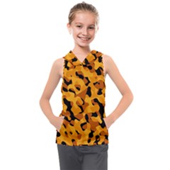 Orange And Black Camouflage Pattern Kids  Sleeveless Hoodie