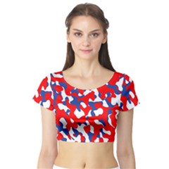 Red White Blue Camouflage Pattern Short Sleeve Crop Top by SpinnyChairDesigns