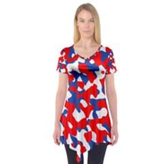 Red White Blue Camouflage Pattern Short Sleeve Tunic  by SpinnyChairDesigns